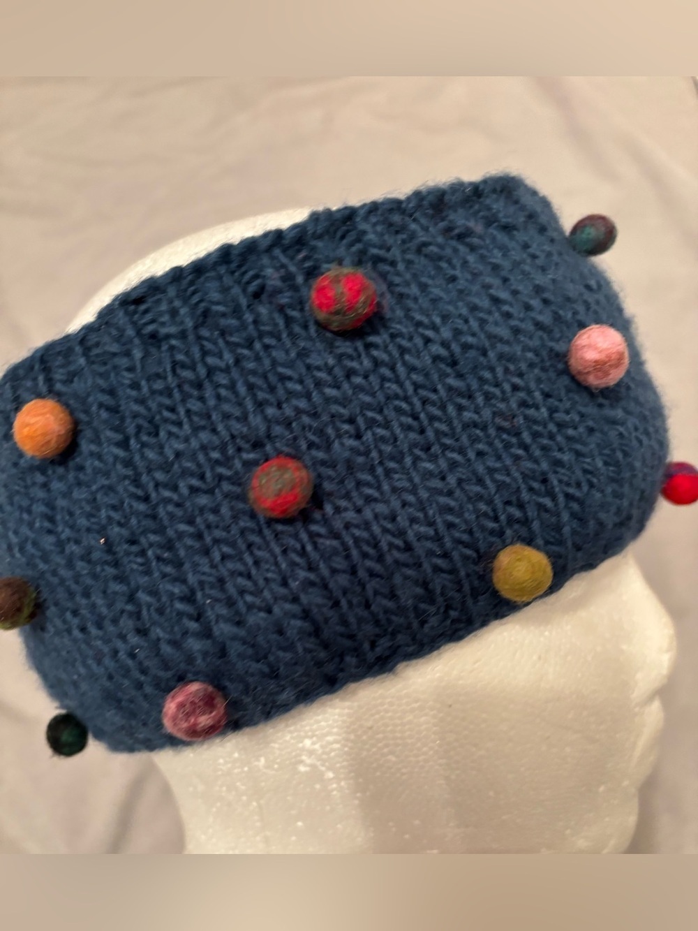 Wool Pom Headband  ear warmer - Navy with Multicolor Pom Poms